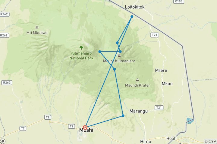 Carte du circuit Trekking au Kilimandjaro - Itinéraire Rongai