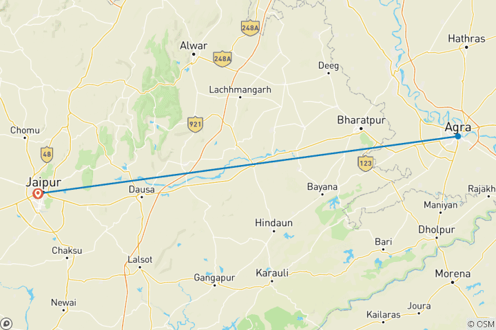 Carte du circuit Depuis Jaipur : Visite privée du Taj Mahal et du Fort d'Agra le même jour