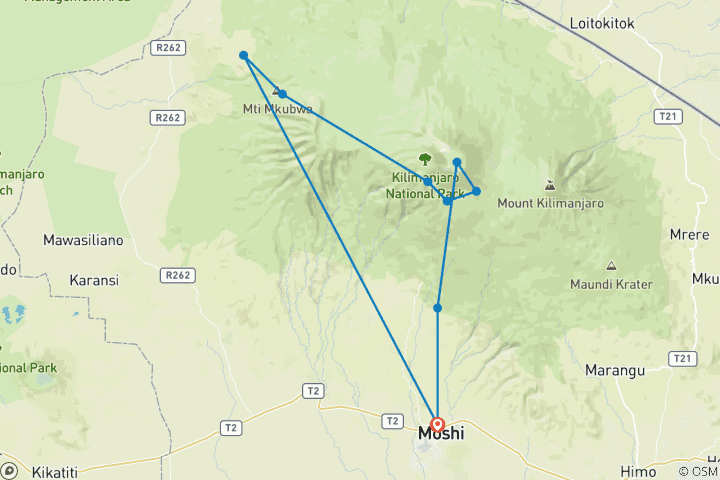 Map of mount kilimanjaro climbing via lemosho route 9 days Tanzania (all accommodation and transport are included)
