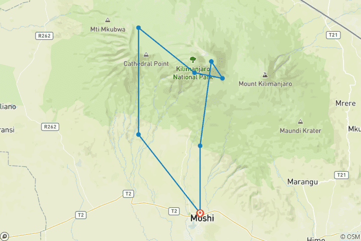 Karte von Kilimandscharo Besteigung über die Machame Route - 8 Tage
