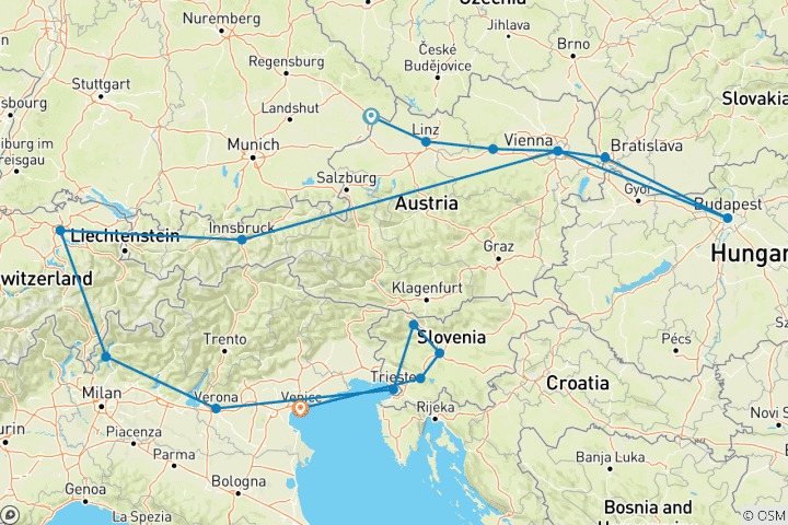 Map of Cruise & Rail: Grand Alpine & the Enchanting Danube (2026) (Passau to Venice, 2026)