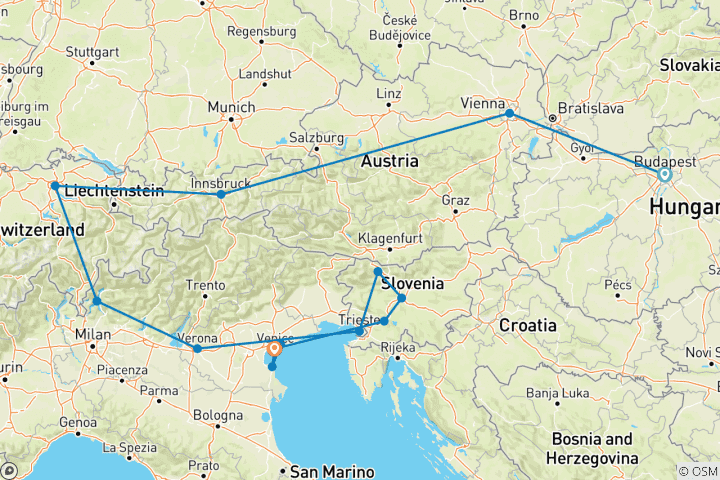 Carte du circuit Croisière et train : Grandes Alpes et joyaux de la Vénétie (2026) (Budapest à Venise, 2026)