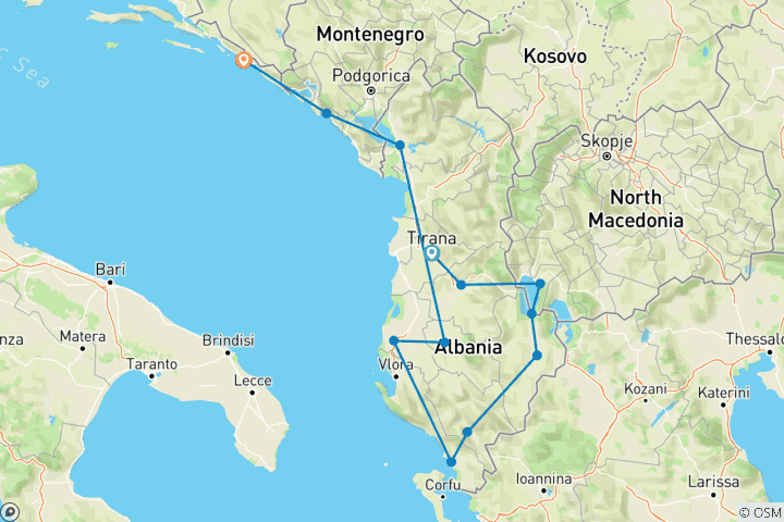 Map of Round Trip Albania & Bathing Montenegro