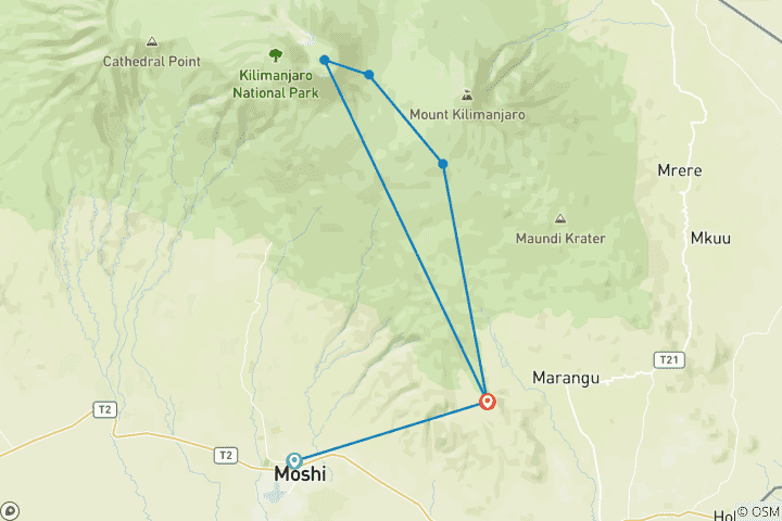 Kaart van 6-daagse Kilimanjaro Marangu Route Trek