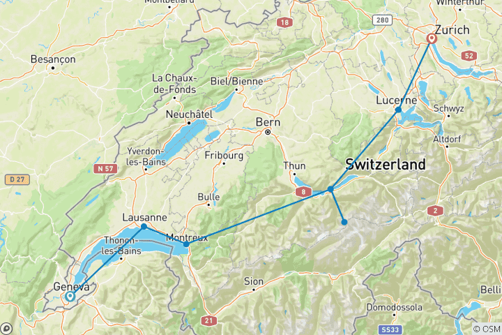 Map of 8 Days Switzerland Panoramic Tour, Daily Start &  Self-guided