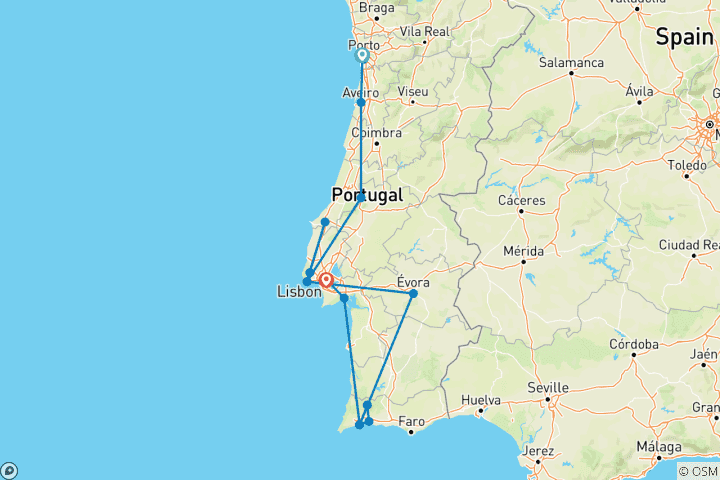 Kaart van Zonnig Portugal met Porto (Porto naar Lissabon)