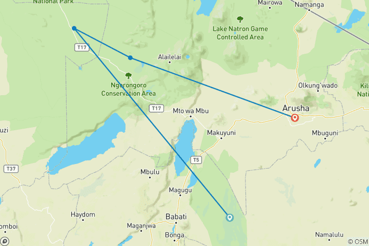Carte du circuit Safari de 4 jours dans le Tarangire, le Serengeti et le Ngorongoro