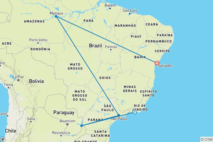 Carte du circuit Aventure sur mesure dans la forêt amazonienne du Brésil, départ quotidien