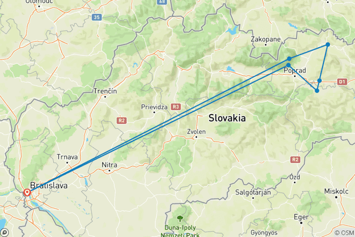 Map of 7 Days Private Slovakia Castle Tour, Daily Start & Exclusive Guide and Car