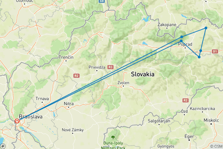 Carte du circuit 7 jours de visite privée des châteaux de Slovaquie, départ quotidien, guide et voiture exclusifs