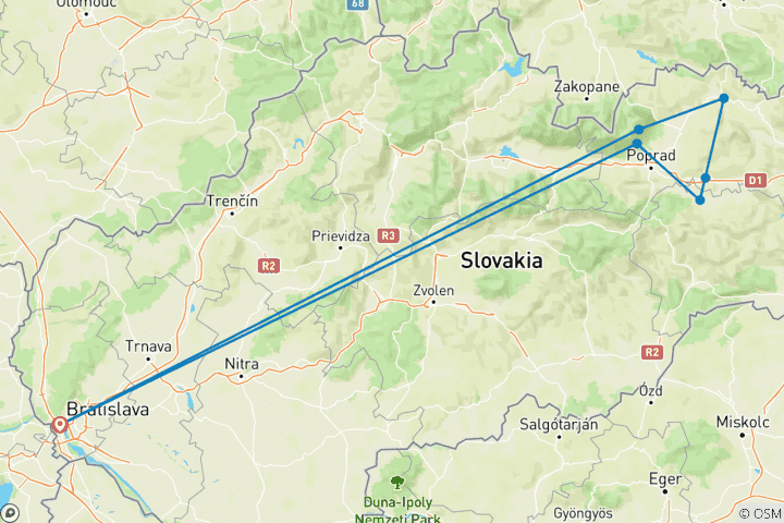 Carte du circuit Circuit privé des châteaux de Slovaquie, départ quotidien et voiture exclusive