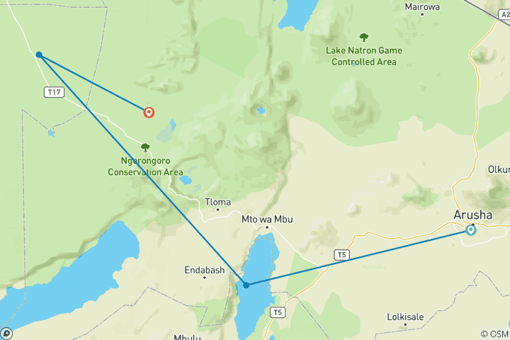 Map of 4-Day Lake Manyara, Serengeti & Ngorongoro Safari