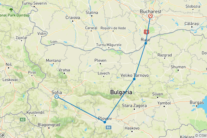 Carte du circuit Circuit privé en Bulgarie : en train de Sofia à Bucarest
