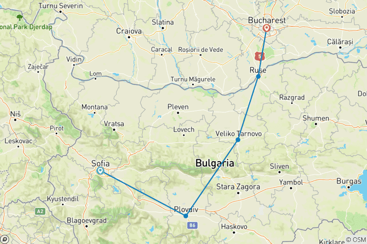 Map of Private Bulgaria tour: by train from Sofia to Bucharest