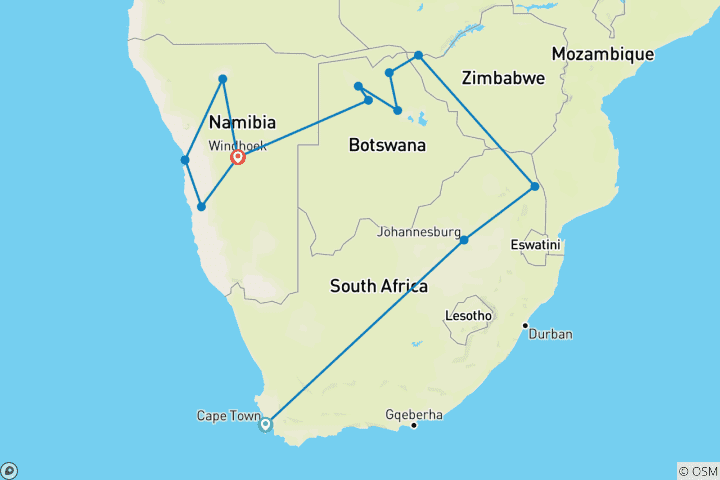 Carte du circuit Safari en Afrique australe