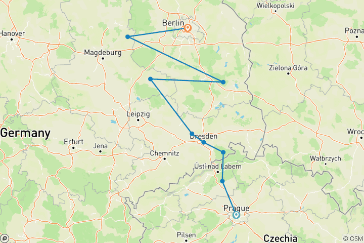Carte du circuit Nouvel An en croisière, entre Prague et Berlin (croisière de port à port)