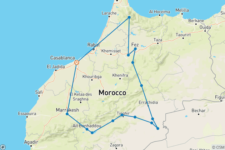 Mapa de Aventura en grupo de 8 días por ciudades imperiales y el desierto del Sahara desde Casablanca