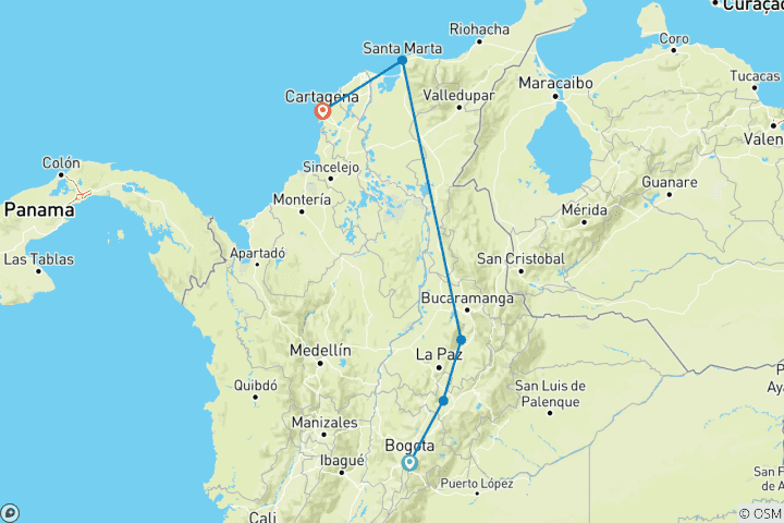 Kaart van Aangepaste Colombia Rondreis met Caraïbische Kust, Privé Auto & Gids