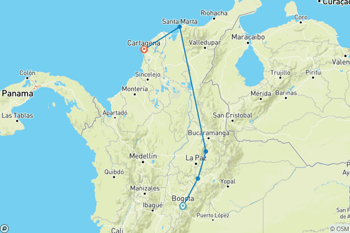 Kaart van Aangepaste Colombia Rondreis met Caraïbische Kust, Privé Auto & Gids