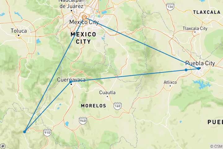 Carte du circuit Aventure coloniale : Taxco, mine préhispanique, Puebla et Cholula en 2 jours