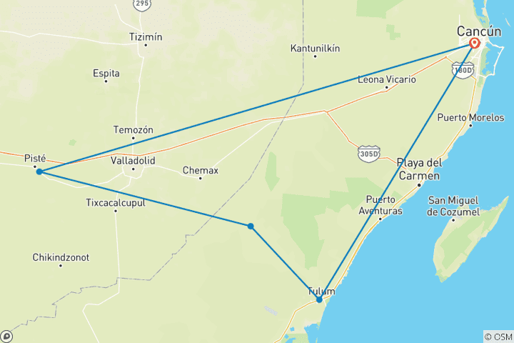 Carte du circuit L'aventure ultime à Cancun : Ruines anciennes (Chichen Itza, Tulum et Cobá), cénotes et saveurs mexicaines