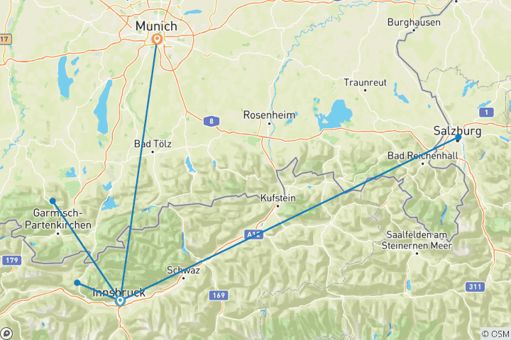 Carte du circuit Marchés de Noël magiques d'Autriche et d'Allemagne (d'Innsbruck à Munich) (2026)