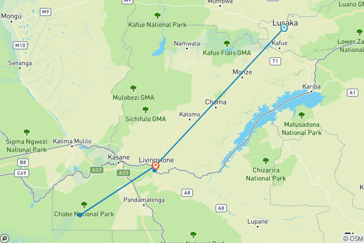 Map of 4 Day Zambia Including Victoria Falls, Chobe Day And Zimbabwe