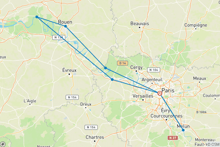 Map of THE HISTORY OF FRANCE FROM PARIS TO NORMANDY Between heritage, landscapes, and Impressionist nuances (port-to-port cruise)