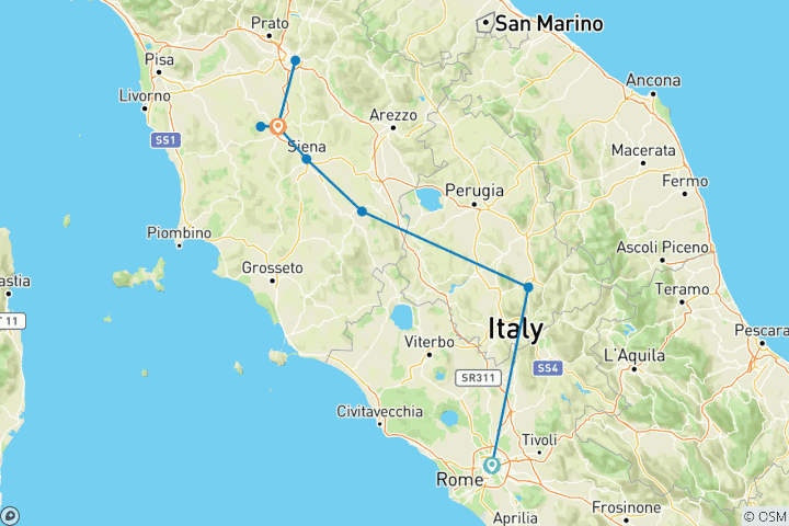 Carte du circuit Campagne toscane et ombrienne avec les charmantes villes collinaires d'Italie (de Rome à la Toscane) (2026)