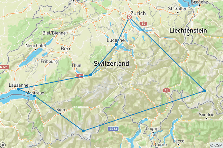 Carte du circuit Grand Train Tour de Suisse - Voyage de découverte : voyage en groupe avec participation