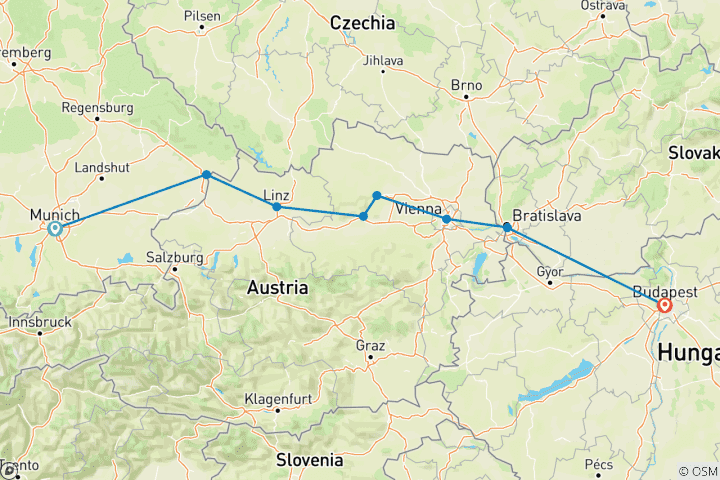Map of Highlights of the Danube with Munich Munich → Budapest (2026)