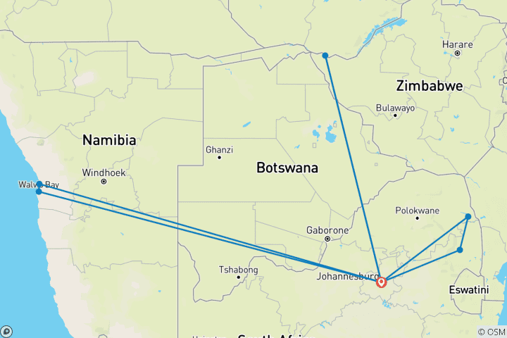 Carte du circuit 9 jours Kruger, Namibie et Vic Falls
