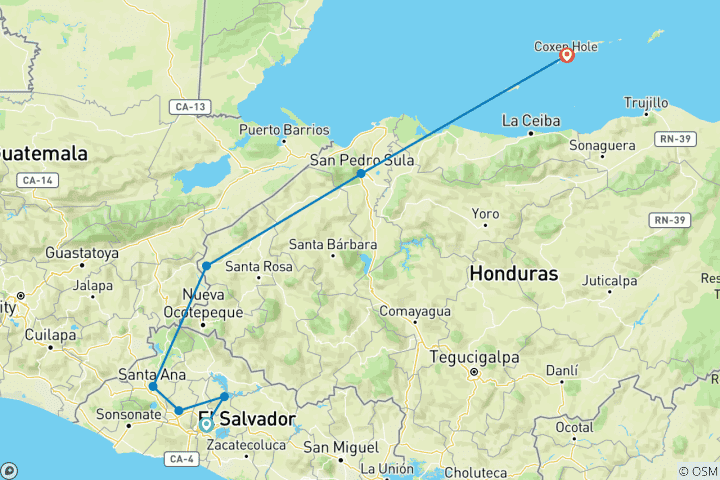 Kaart van Aangepaste 10-daagse El Salvador en Honduras rondreis, dagelijks vertrek & privé-auto