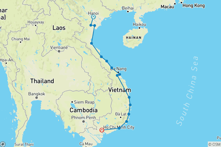 Map of Hanoi to Saigon by Bicycle