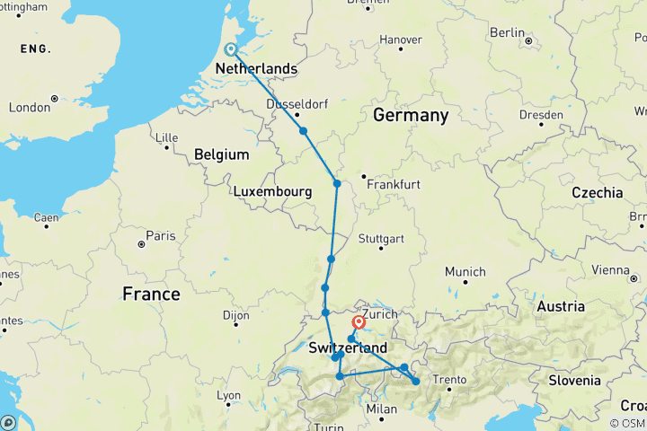 Map of Mountaintops of Switzerland with the Rhine and Moselle Amsterdam → Zurich (2026)