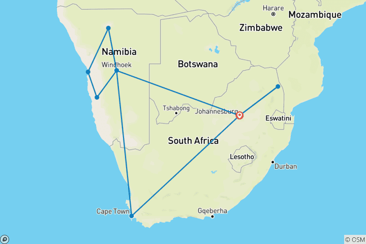 Carte du circuit Namibie et Afrique du Sud : Paysages épiques et faune (de Johannesburg au parc national Kruger) (2026)