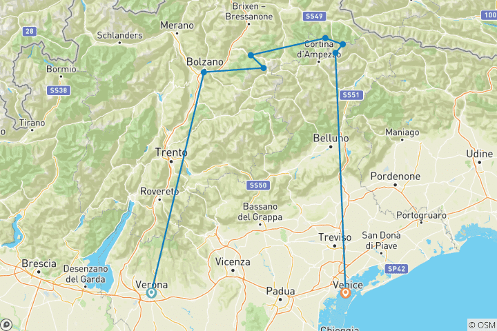 Map of Dolomites Hut to Hut: Majestic Traverse from Verona to Venise