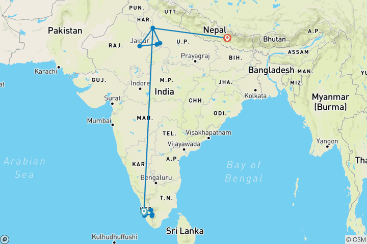 Kaart van India met Nepal Routes