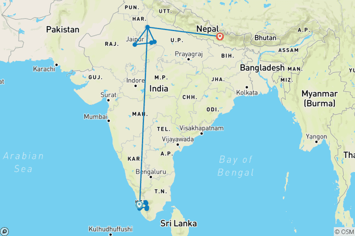 Kaart van Luxe India en Nepal reizen