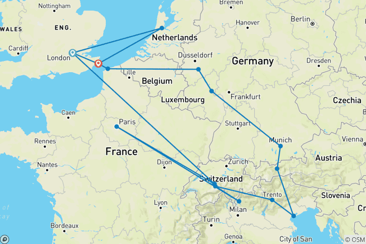 Carte du circuit Horizon européen (standard, été 2025, départ Amsterdam, classique)
