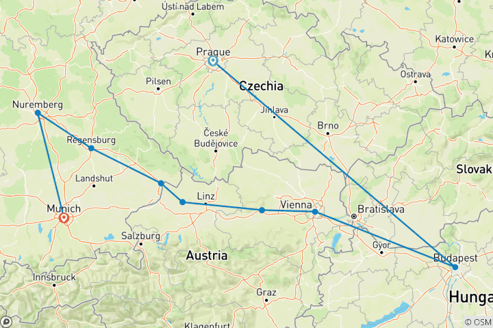 Map of Christmas Markets on the Danube with  Prague and Munich Prague → Munich (2026)