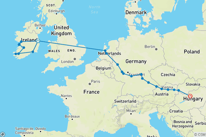 Map of Idyllic Ireland with European Gems Dublin → Budapest (2026)