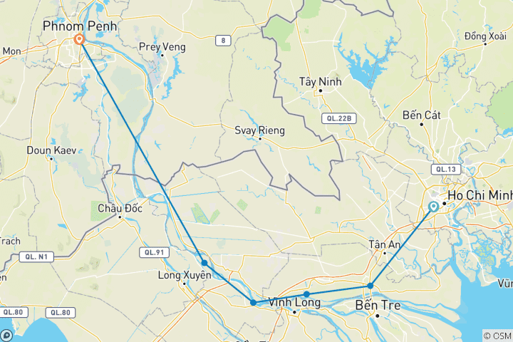 Carte du circuit Croisière de 4 nuits sur le Mékong Vietnam Cambodge à bord du Mekong Navigator