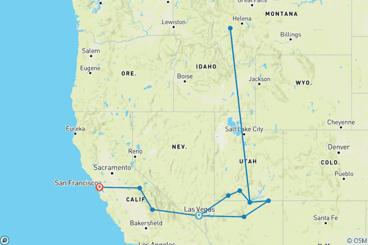 Carte du circuit Le meilleur de l'Ouest des États- Unis (from Las Vegas to San Francisco)