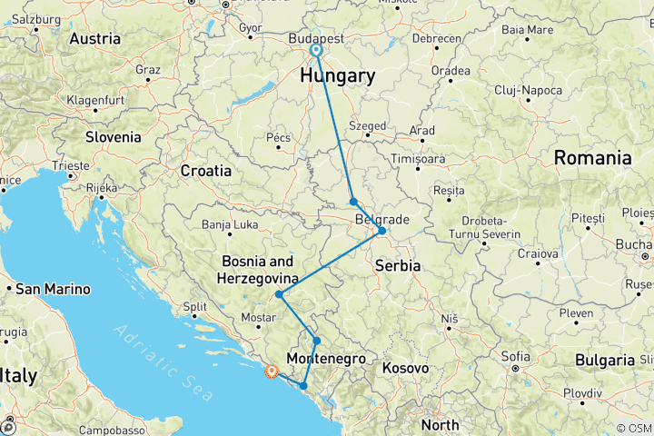 Carte du circuit Aventure dans les Balkans (from Budapest to Dubrovnik)