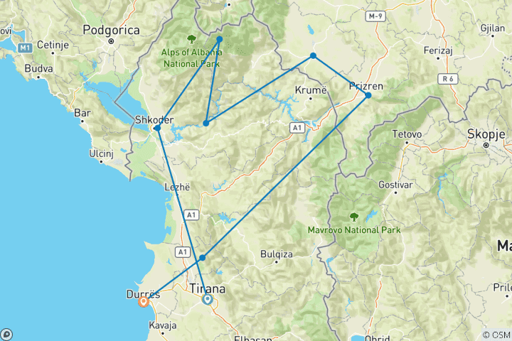 Carte du circuit Circuit en ferry de 4 jours vers le village de Valbona, au Kosovo, et le bord de mer de Tirana, en Albanie