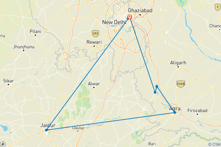 Carte du circuit Circuit de 6 jours dans le Triangle d'Or avec Mathura Vrindavan - Taj Mahal lever/coucher du soleil