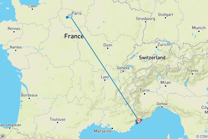 Carte du circuit 7 jours en France - Paris et Nice en train avec Monaco et Versailles