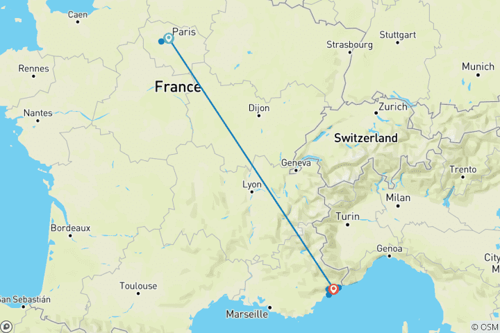 Carte du circuit 7 jours en France - Paris et Nice en train avec Monaco et Versailles