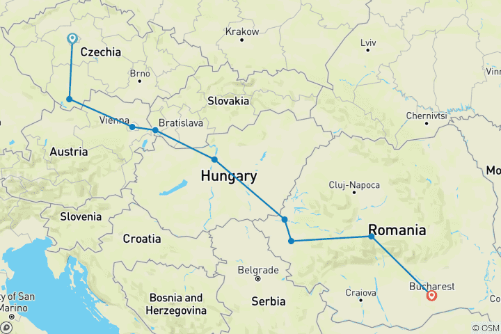 Map of 8 Day Journey through Central and Eastern Europe from Prague to Bucharest - Small Group Tour